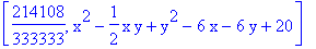 [214108/333333, x^2-1/2*x*y+y^2-6*x-6*y+20]